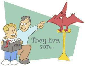 Father, son, and Pteva the Pterodactyl
