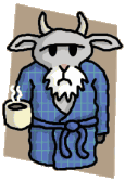 Crotchety old Mr. Gruff, the Atheist goat who turns to coffee for solace instead of God
