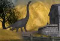 Rebel Planet: Brontosaurus walking through pre-Flood hamlet
